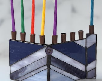 Hanukkah Menorah, Chanukah Menorah, Judaica, Chevron, Zig Zag, Stained Glass Hanukkah Menorah, Kosher Menorah, purple menorah, Candle Holder