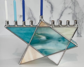Stained Glass Star of David Menorah: Calming Beach Hanukkah Hanukkiah