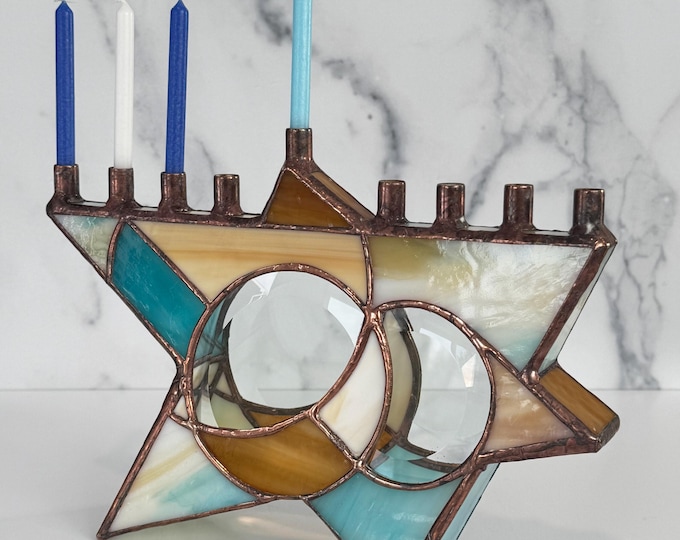 Featured listing image: Stained Glass Chanukah Menorah, Star of David, Judaica, beach tone stained glass, teal glass, Hanukkah Menorah, glass art, wedding gift