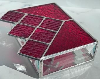 Red Stained Glass Knit Inspired Jewelry box: Entrelac knit stitches, gift for knitter