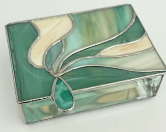 Teal and natural tan Stained Glass Box, glass jewelry box, flame design box, jewelry box, stained glass box, glass trinket box, gift for mom