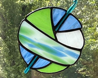 Stained Glass Ball of Yarn Sun Catcher: blue and green crochet