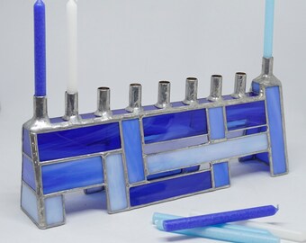 Woven-look Hand Crafted Stained Glass Chanukah Menorah, Hanukkah Menorah, Hanukkiah, cobalt blue menorah, stained glass hanukkiah,