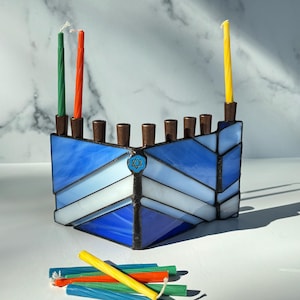 Stained Glass Menorah: Cobalt Blue Chevron Hanukkah Candle Holder