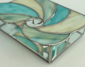 Teal Turquoise Tan Stained Glass Box, glass jewelry box, circle bevel box, jewelry box, stained glass box, glass trinket box, gift for mom