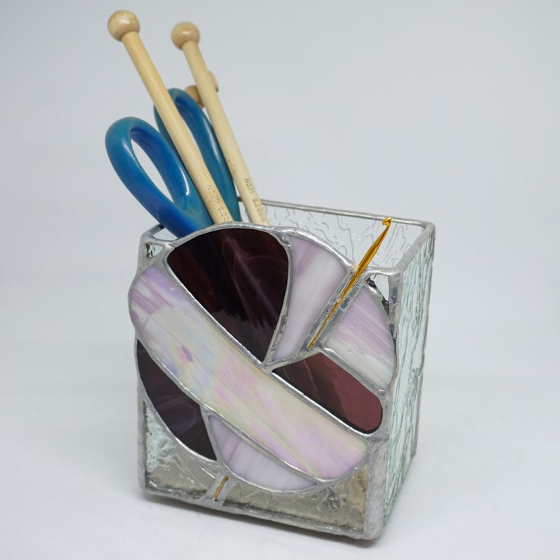 Plum purple stained glass storage vase to store your knitting or crochet tools, or desk accessories.