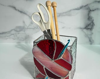 Red yarn Stained Glass box, Crochet hook storage Vase