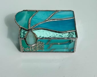 Turquoise flame Stained Glass Jewelry Box, Teal flame and teardrop stained glass