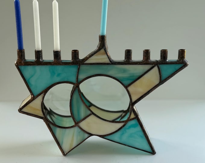 Featured listing image: Stained Glass Chanukah Menorah, Star of David, Judaica, beach tone stained glass, teal glass, Hanukkah Menorah, glass art, wedding gift