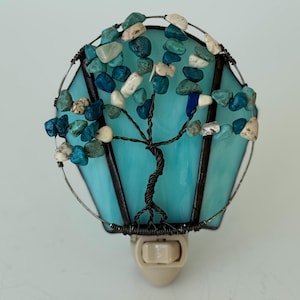 Tree of Life Night Light, blue green Tree of Life, Turquoise Glass Night Light, Wire Wrapped Tree of Life, stained glass night light