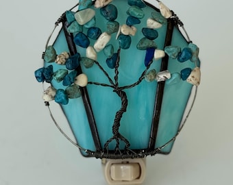 Tree of Life Night Light, blue green Tree of Life, Turquoise Glass Night Light, Wire Wrapped Tree of Life, stained glass night light