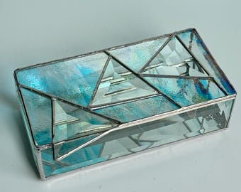 Iridescent turquoise Stained glass box, contemporary stained glass box incorporating triangles