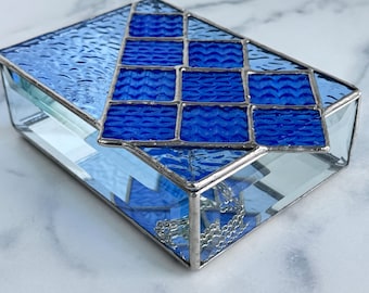 Large Blue Stained Glass Knit Inspired Box: Entrelac knit stitches, gift for knitter