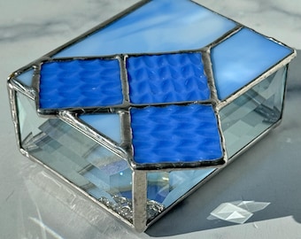 Bright Blue Entrelac Stained Glass Knit-inspired Jewelry box: knit stitches, gift for knitter