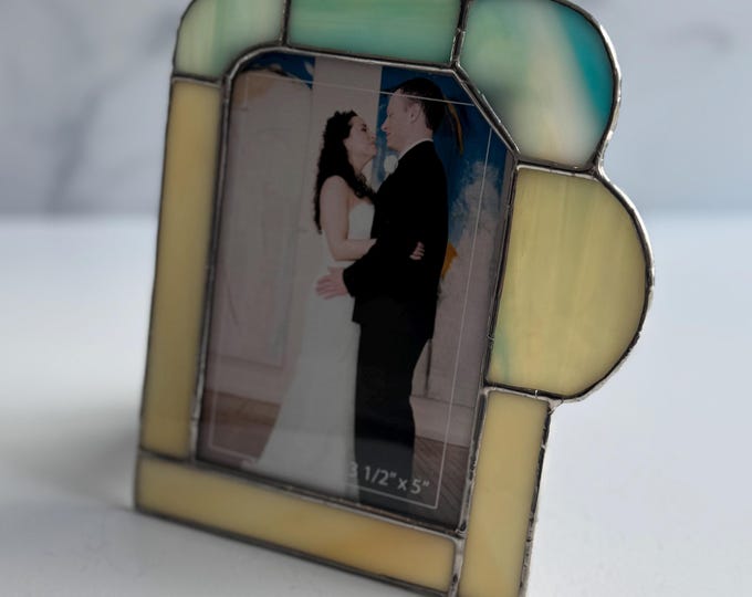 Featured listing image: Teal and tan Stained Glass Picture Frame, table top picture frame, wedding gift, beach color glass, turquoise picture frame, stained glass