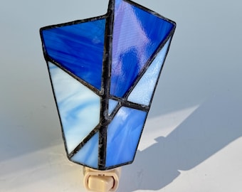 Cobalt Blue Stained Glass Night Light: Abstract Design, Handmade