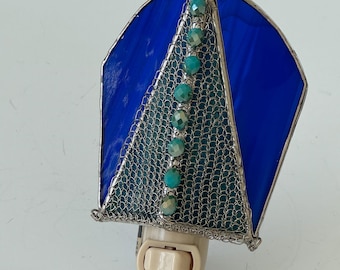 Stained Glass Night light, glass night light, blue green stained glass, knit wire, hand knit wire, electric night light, housewarming gift