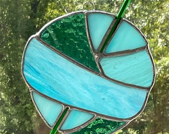 Turquoise Stained Glass Yarn Ball Sun Catcher, Crochet Hook Decor, Fiber Art Gift
