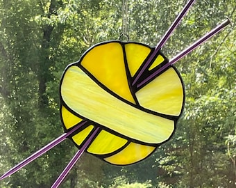 Stained Glass Ball of Yarn Sun Catcher: Bright ombre yellow gift for knitter