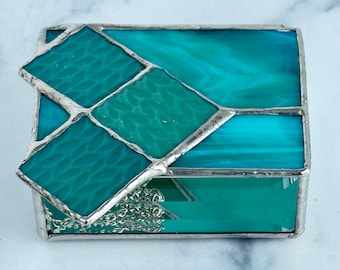 Turquoise Entrelac Stained Glass Knit-inspired Jewelry box: knit stitches, gift for knitter