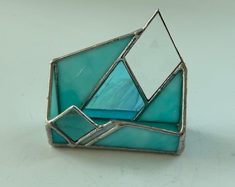 Turquoise Stained Glass Business Card Holder, hand crafted stained glass, bright turquoise  glass, geometric stained glass, graduation gift