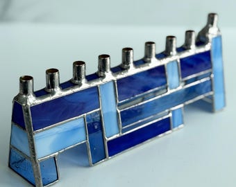 Woven-look Hand Crafted Stained Glass Chanukah Menorah, Hanukkah Menorah, Hanukkiah, blue and white menorah, stained glass hanukkiah