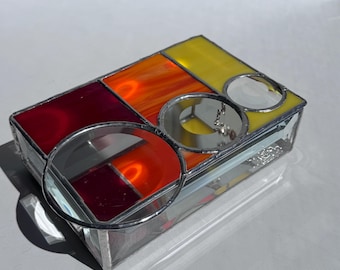 Stained Glass Box, Sunset red orange yellow, Clear Bevels, Mirror Base, Copper Foil Method