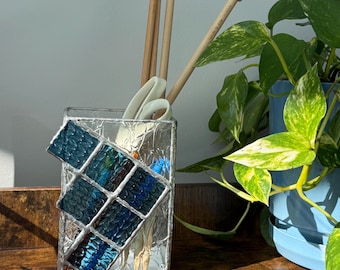 Stained Glass knitting tool holder: Teal Entrelac knit stitch, ombre yarn, gift for knitter