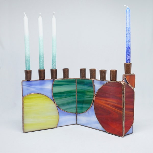 Stained Glass Chanukah Menorah, Hanukiah, Hanukkah Menorah, Primary Color Menorah, Jewish Holiday, Judaica, Colorful menorah, geometric