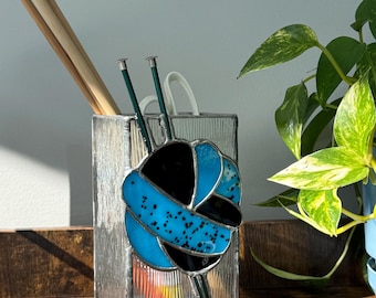 Stained Glass Knitting Needle Vase: Turquoise and Black Yarn Decor