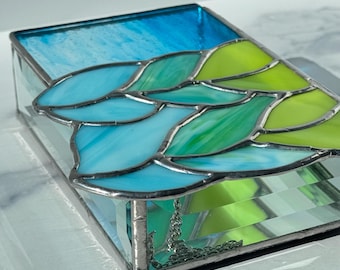 Lime green turquoise ombre stained glass box: knit stitches fiber gift