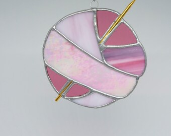 Stained Glass Ball of Yarn, Yarn Balls, Stained Glass Sun Catcher, Crochet sun catcher, gift for crocheter, pink glass, pink yarn, fiber art
