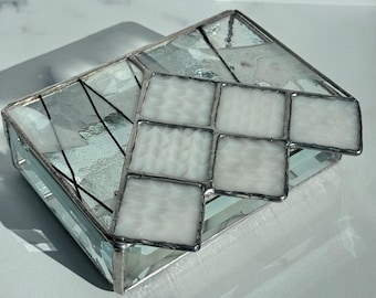 White Stained Glass Knit Inspired Jewelry box: Entrelac knit stitches, gift for knitter