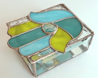 Hamsa Stained Glass Box, Stained Glass Jewelry Box, blue green aqua hamsa, birthday gift, housewarming gift, talisman, good luck