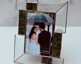 Handcrafted Stained Glass Picture Frame: Teal & Gold Accent, 4x6 Photo