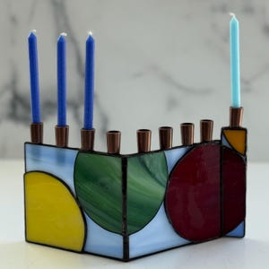 Stained Glass Hanukkah Menorah: Primary Color Geometric Hanukiah