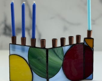 Stained Glass Chanukah Menorah, Hanukiah, Hanukkah Menorah, Primary Color Menorah, Jewish Holiday, Judaica, Colorful menorah, geometric