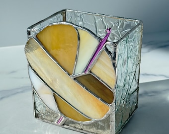 Stained Glass Crochet storage Vase: natural tan brown ombre glass