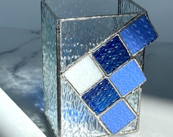 Stained Glass knitting tool holder: Entrelac knit stitch, cobalt blue ombre yarn