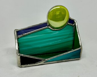 Stained Glass Business Card Holder, purple stained glass, turquoise glass, lime green glass, stained glass, phone stand, graduation gift