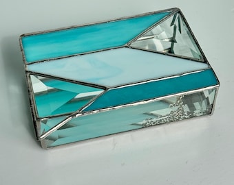 Turquoise Sky blue Stained Glass box: Triangle bevel trinket box