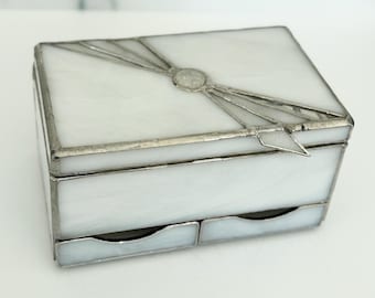 Multi Level Stained Glass Jewelry Box, White Jewelry Box, box for jewelry, stained glass box, abstract glass, dichroic glass nugget