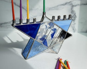 Stained Glass Star of David Chanukah Menorah, Cobalt Blue Star of David, Hanukkah Menorah, Hanukkiah, Wedding Gift, Judaica, Holiday gift