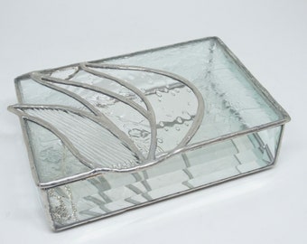 Clear Stained Glass Jewelry Box, Abstract Stained Glass, Glass trinket box, clear texture stained glass, modern stained glass, shin, judaica