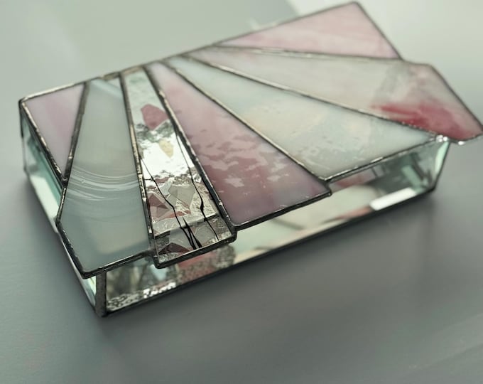 Featured listing image: Pink Stained Glass Jewelry box, pink and white stained glass, rectangular trinket box, pink glass, white stained glass, birthday gift