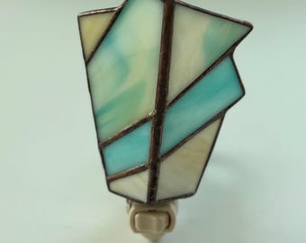 Teal and tan Stained Glass night light, electric night light, baby gift, housewarming gift, turquoise stained glass, teal stained glass