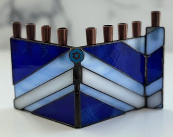 Stained Glass Menorah, Hanukkah Menorah, Chanukah, Judaica, Chevron, cobalt blue glass, Hanukkah Menorah, Kosher Menorah, Candle Holder