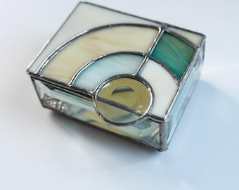 Teal Tan stained glass jewelry box, teal stained glass, brown glass, ivory glass, turquoise stained glass, jewelry box, trinket box, gift