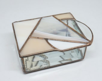 Stained Glass Box, Stained Glass Jewelry Box, Geometric stained glass, Contemporary glass, Glass Jewelry Box, Peach fuzz, Champagne glass