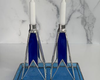 Stained Glass Shabbat Candle Holders: Cobalt Blue Judaica Set
